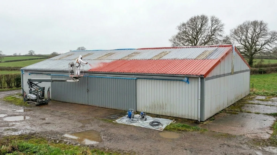 Airless spraying poppy red roof coating on a machinery store near Hereford