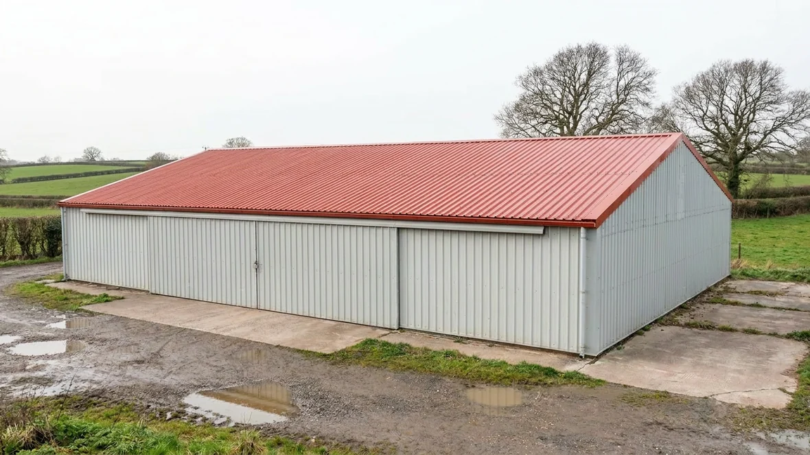 Completed poppy red roof coating on a machinery store near Hereford