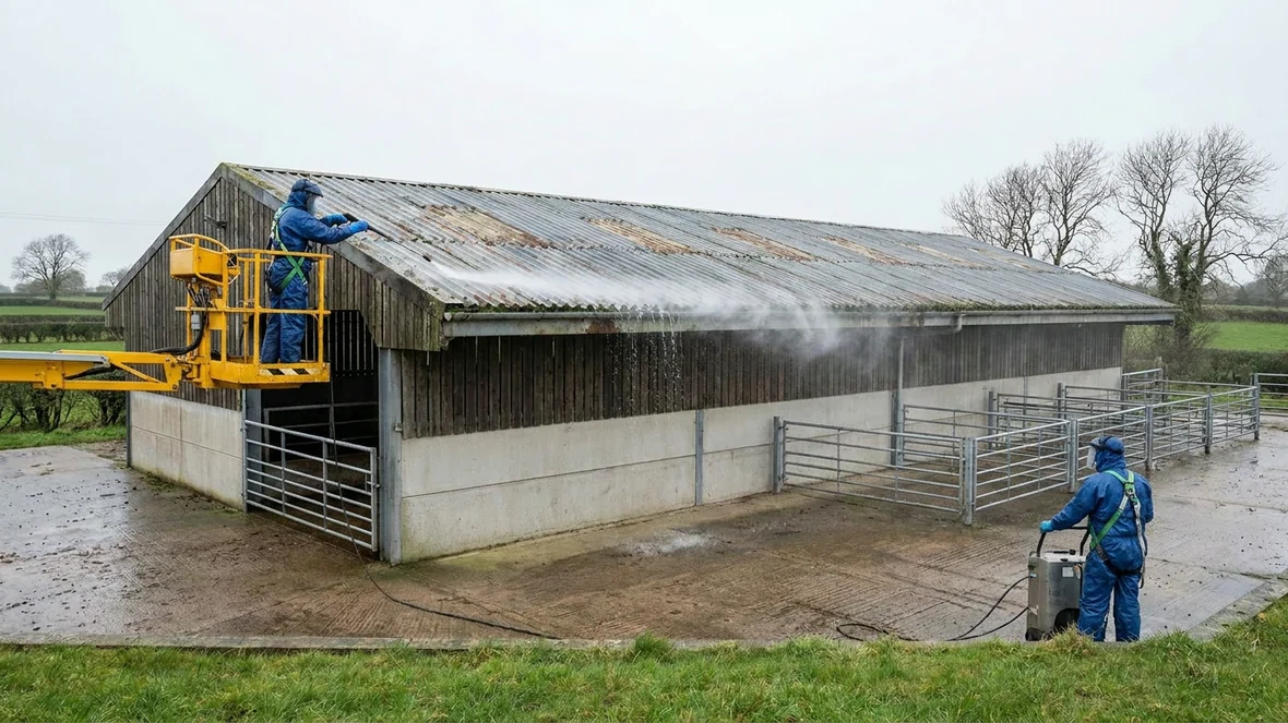 Pressure washing during roof coating on a livestock building near York
