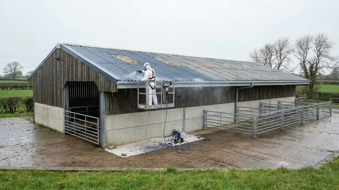 Airless spraying slate blue roof coating on a livestock building near York