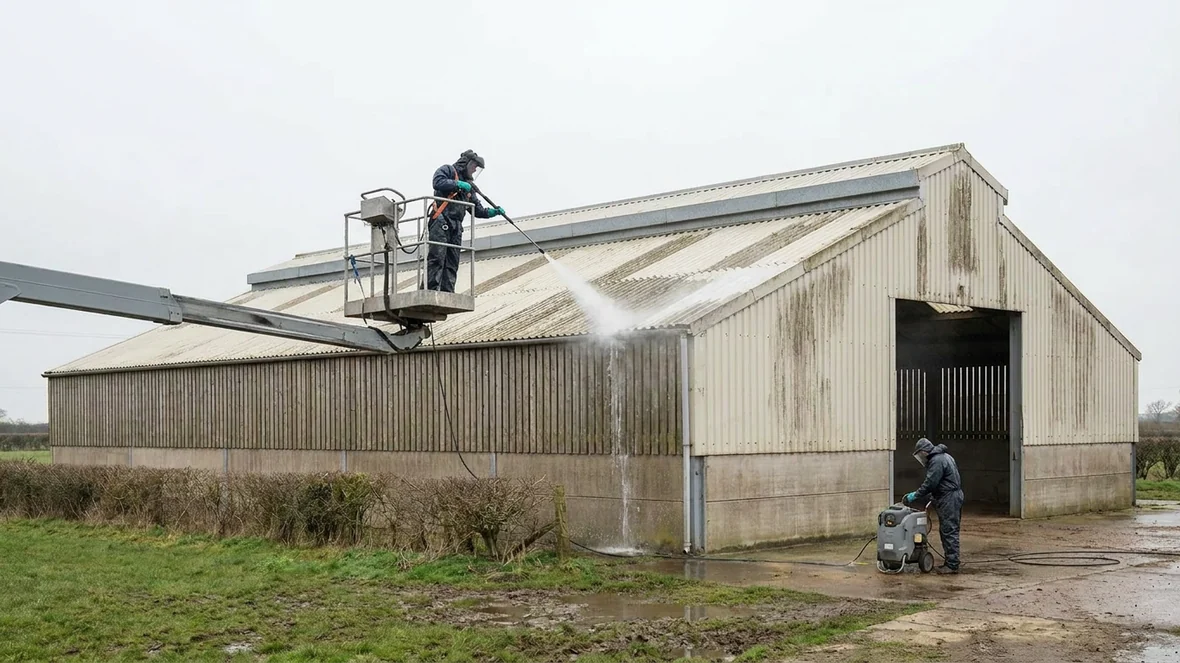 Pressure washing the roof sheets during roof coating on a sheep shed near Wakefield