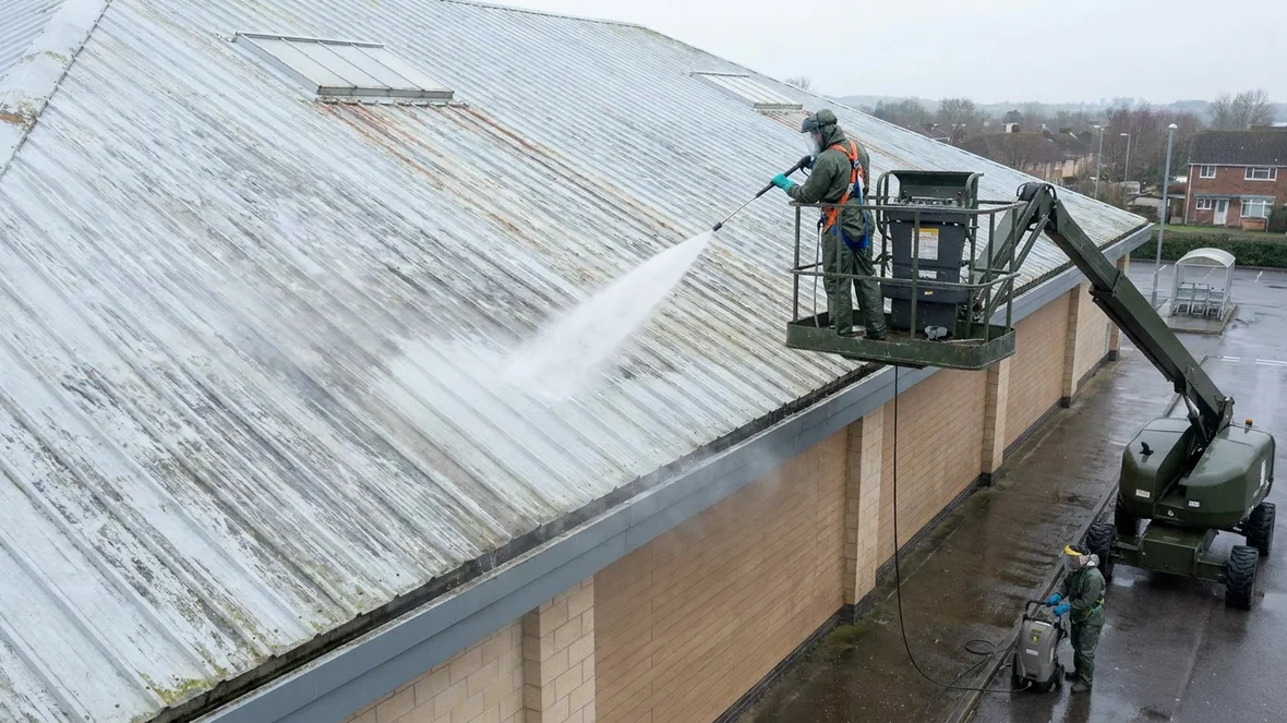 Pressure washing during roof coating on a supermarket near Exeter