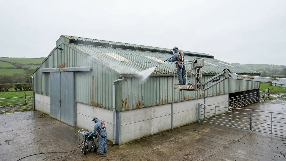Pressure washing during roof and wall coating on a dairy unit near Carmarthen