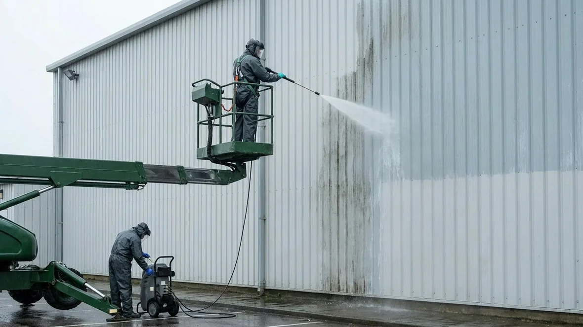 Pressure washing during wall coating on a leisure centre near Blackpool