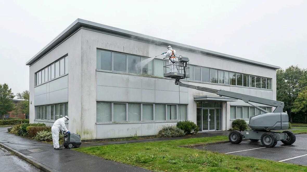 Pressure washing during exterior wall coating on an office building near Milton Keynes