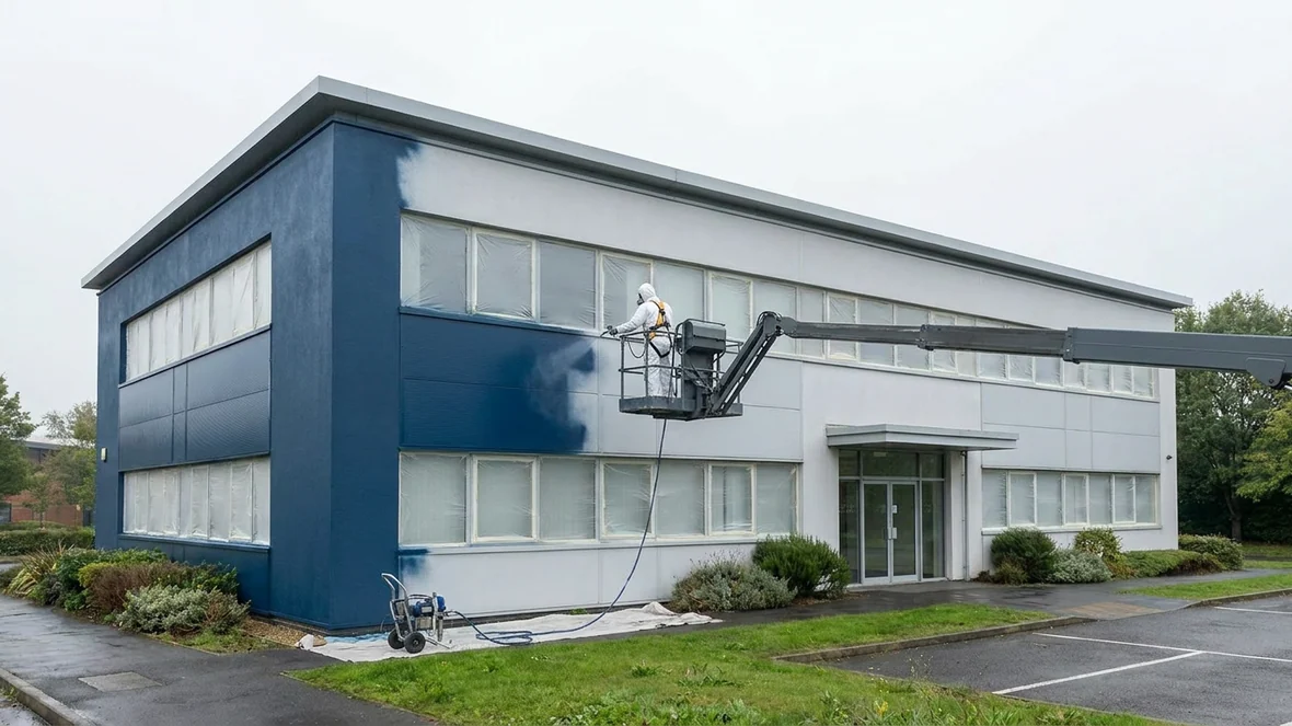 Spraying sargasso blue coating on an office building near Milton Keynes