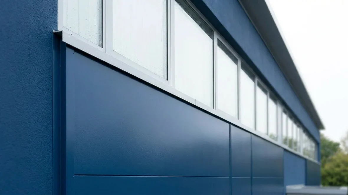 Coating cut line detail at the glazing frame on an office near Milton Keynes