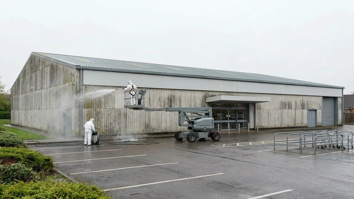 Pressure washing the cladding during exterior wall coating on a supermarket near Derby