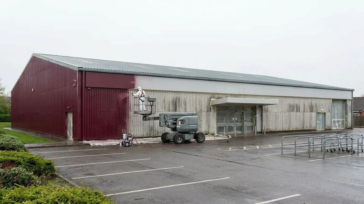 Airless spraying Burgundy coating during exterior wall coating on a supermarket near Derby