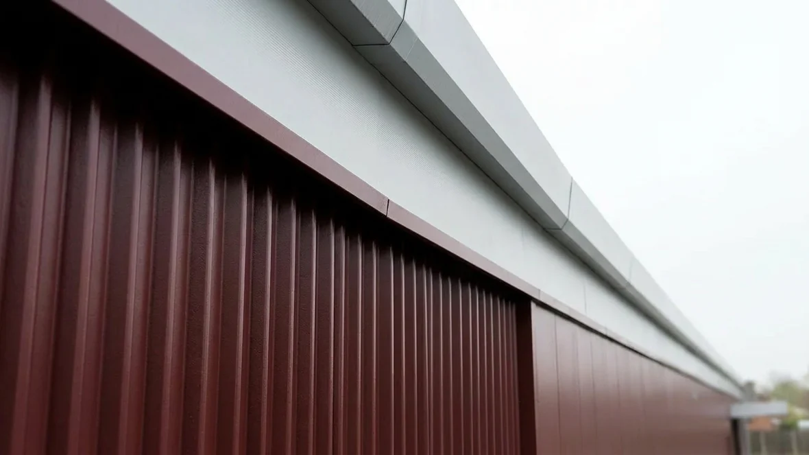 Close-up of sealed sheet laps during exterior wall coating on a supermarket near Derby