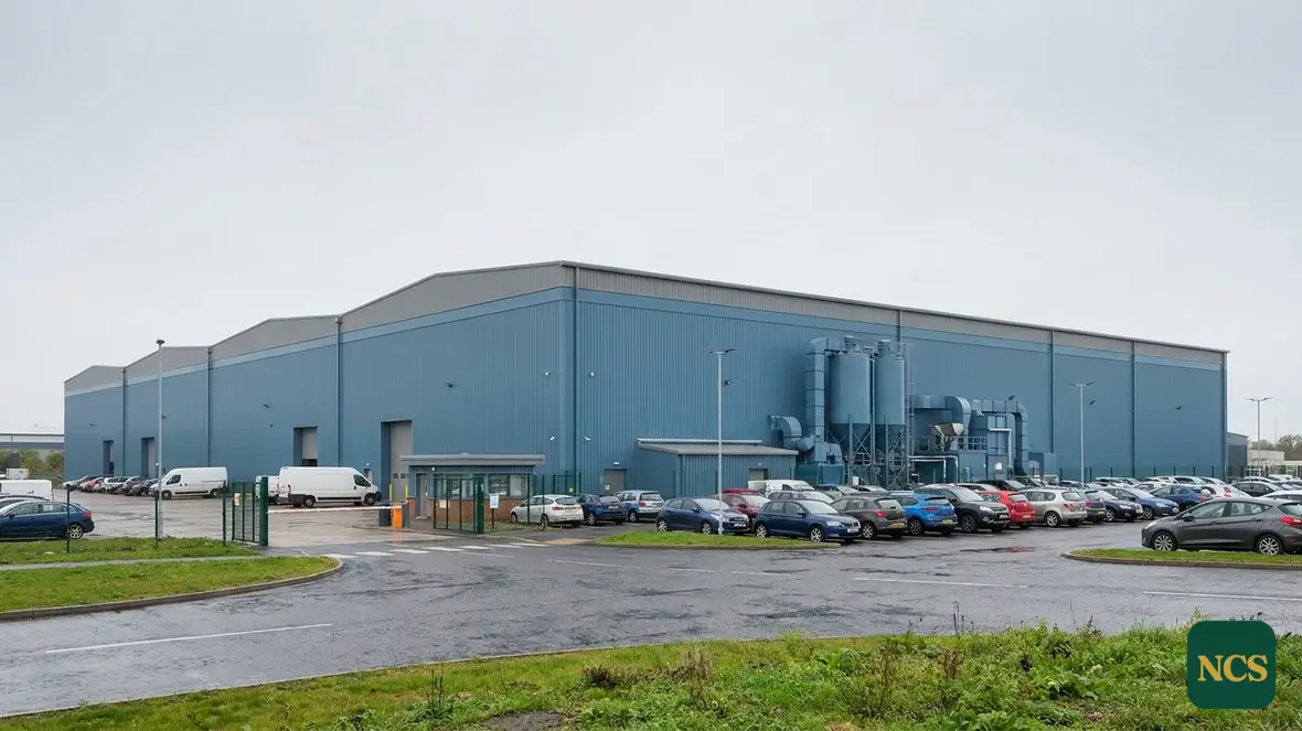 Factory building spray-coated in ocean blue