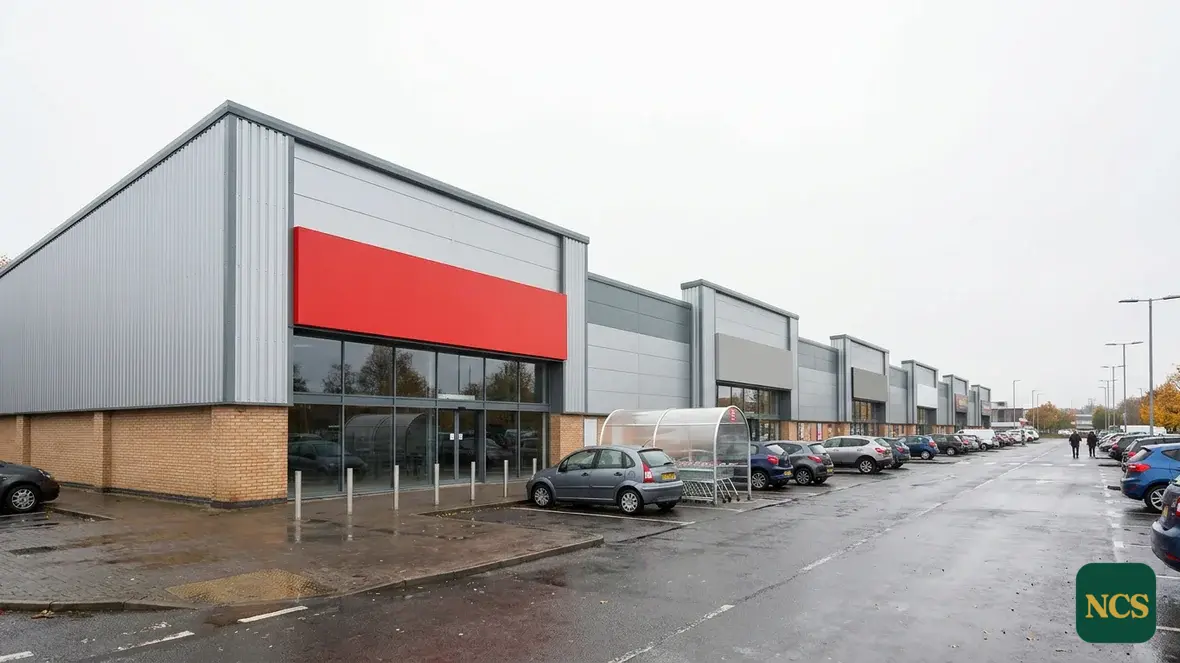 Retail trade unit cladding sprayed in poppy red