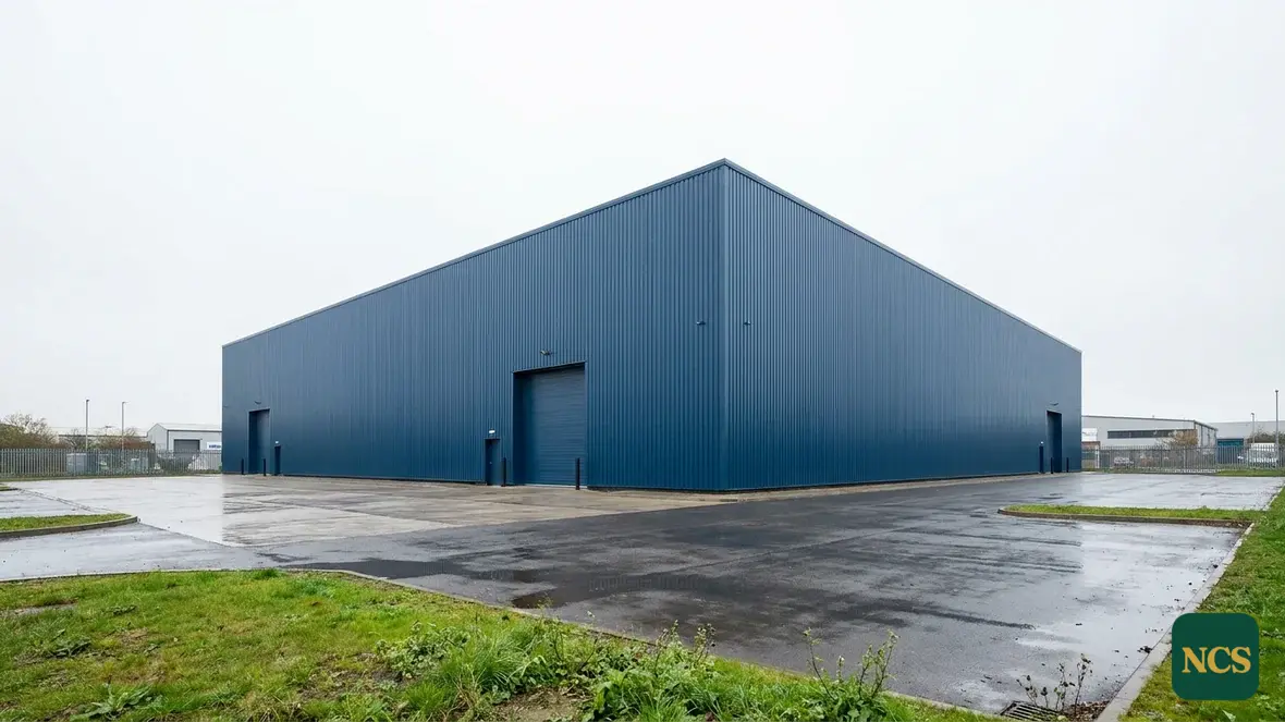 Distribution warehouse cladding spray-coated in Sargasso blue