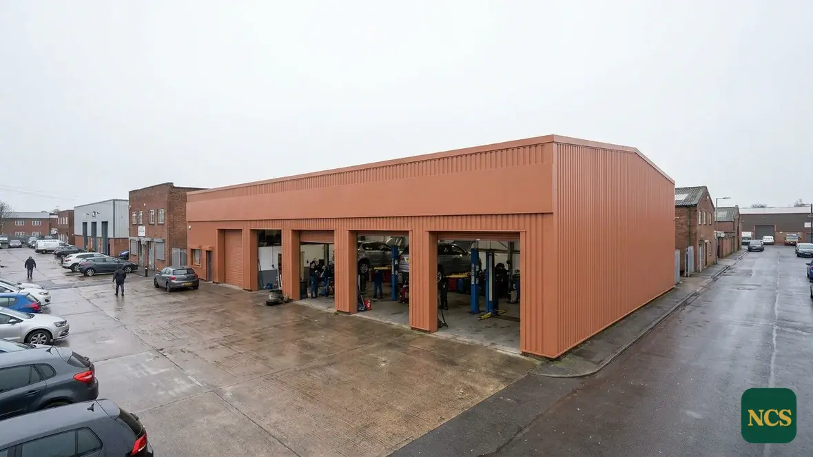 Light-industrial unit spray-coated in terracotta