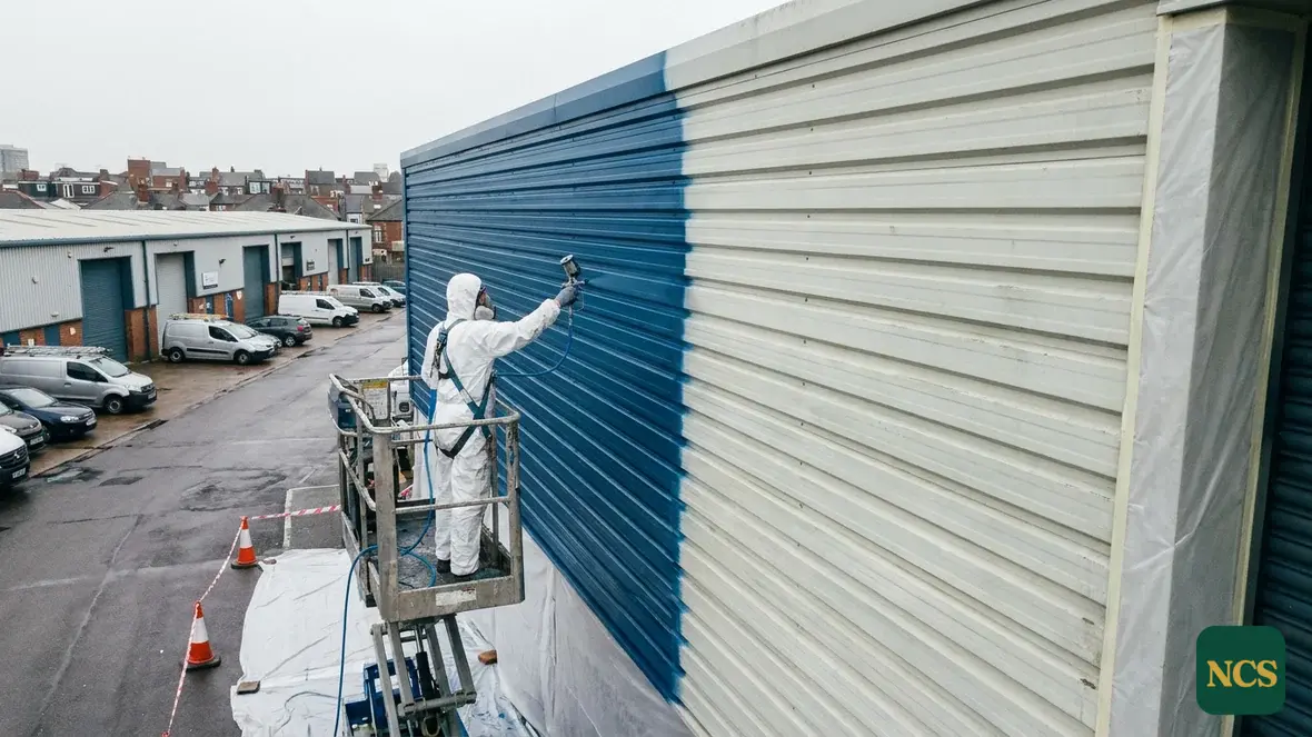 Operative in full PPE spray-coating commercial cladding from a MEWP, cladding spraying in progress