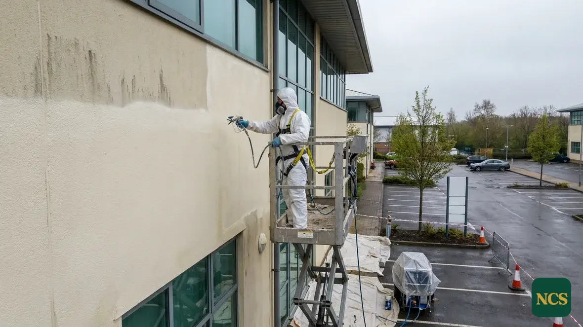 Operative applying a fresh render coating to a commercial elevation