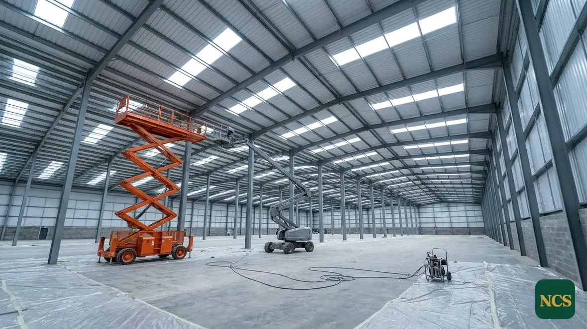 Warehouse interior prepared for coating