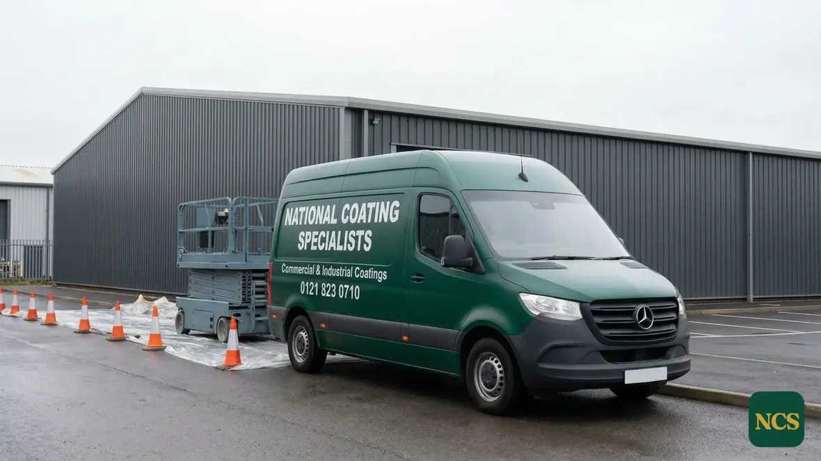 National Coating Specialists sign-written van and scissor lift set up outside a commercial unit
