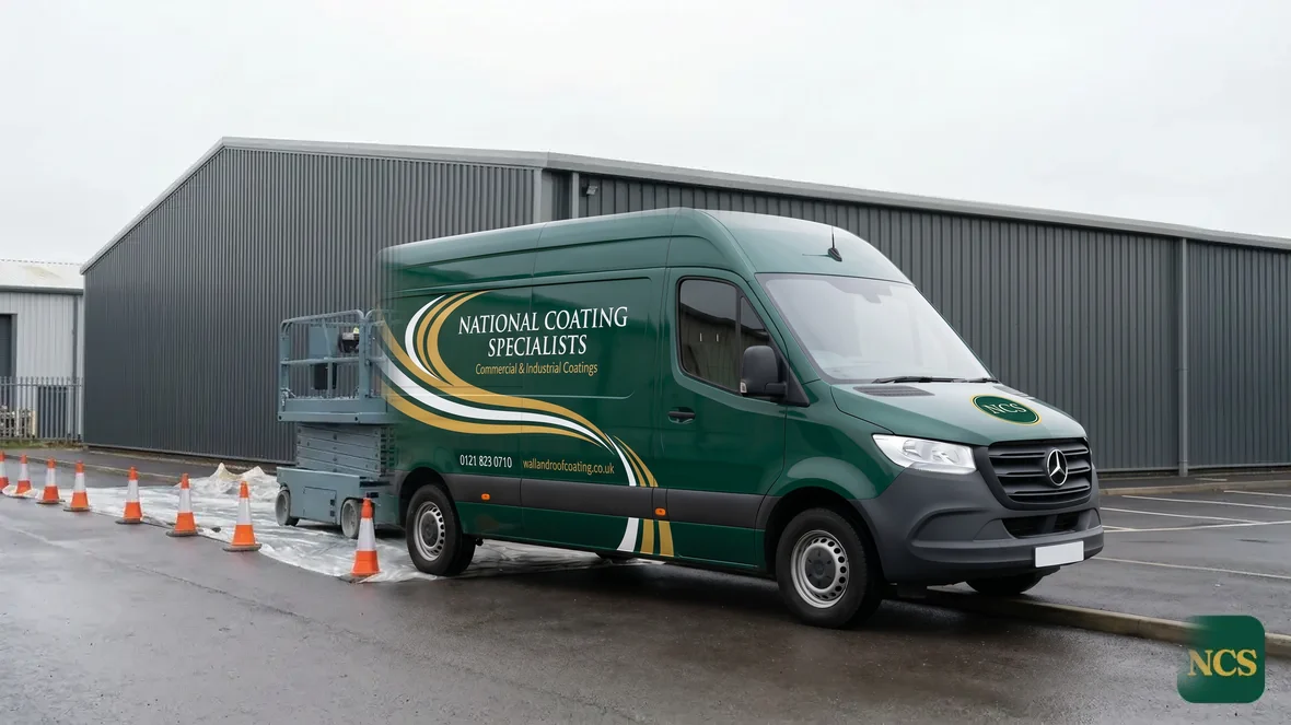 National Coating Specialists sign-written van and scissor lift set up outside a commercial unit