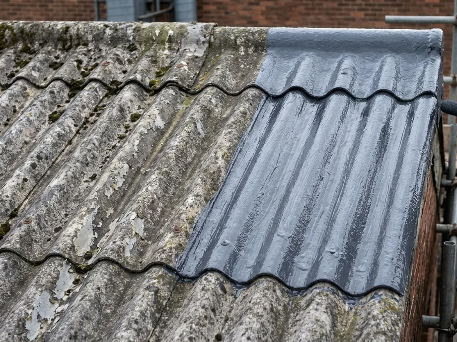 Asbestos-cement roof being encapsulated with a protective coating