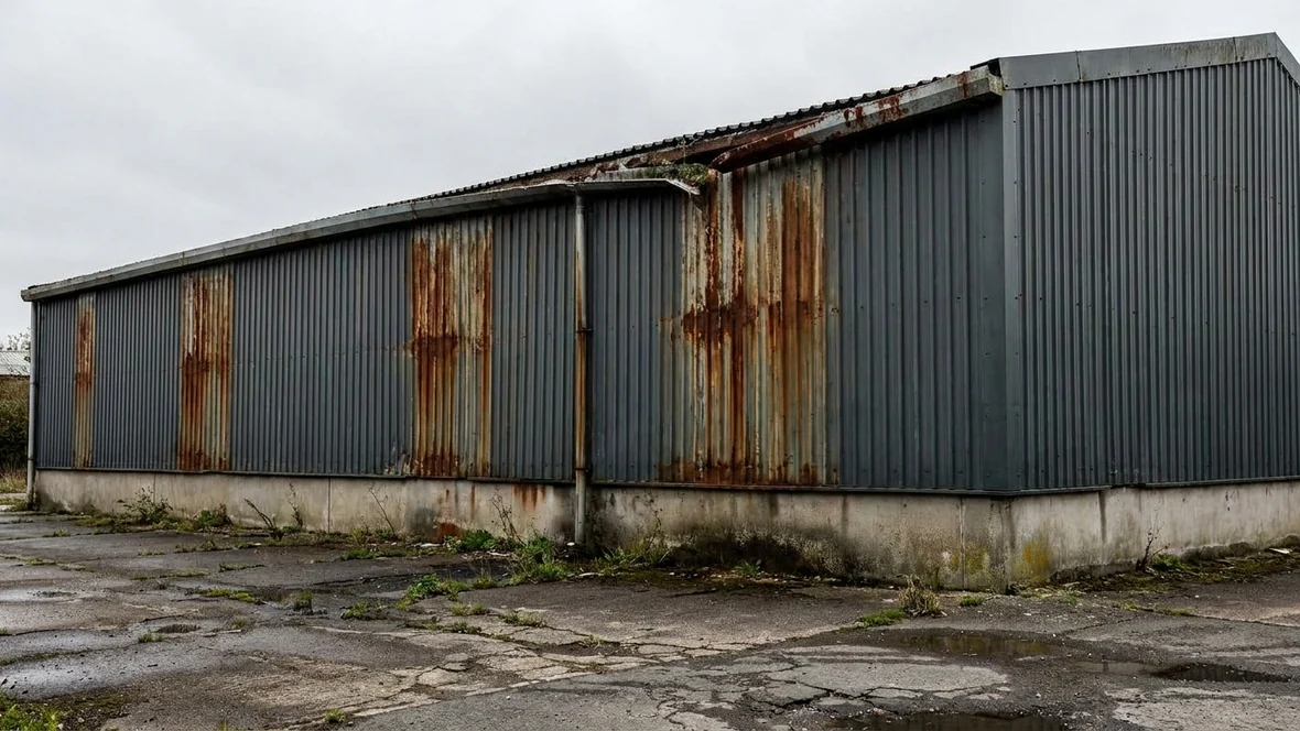 Weathered industrial cladding with rust streaks before coating