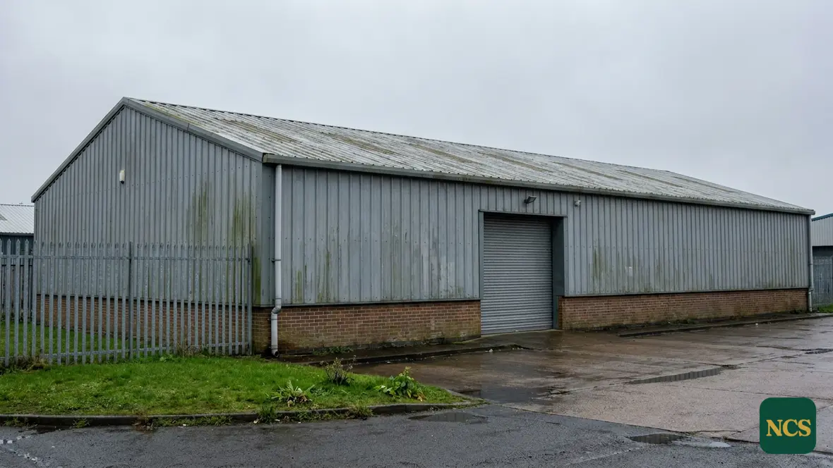 Weathered industrial cladding with rust streaks before coating