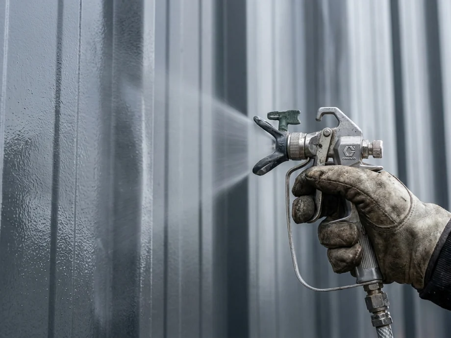 Operative spraying a commercial building from a cherry picker