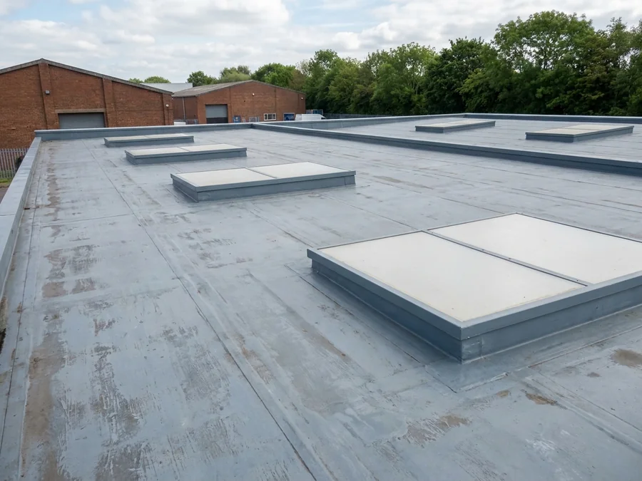 Application of a liquid waterproofing system to a factory's flat roof.
