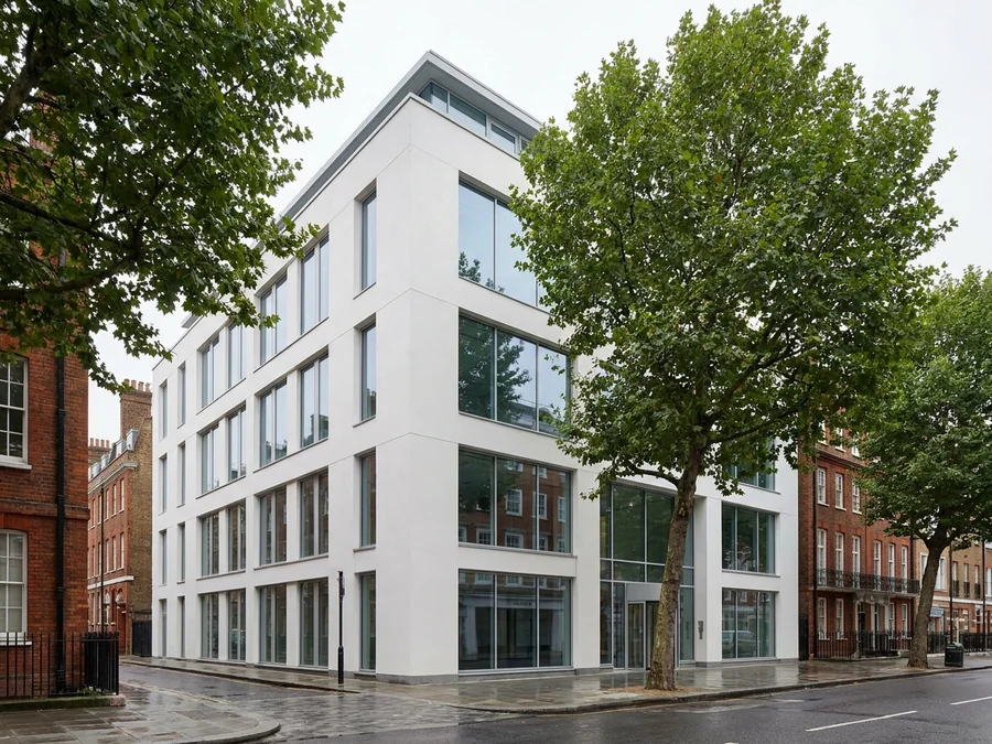 A clean, uniform white coating applied to a large industrial warehouse elevation.