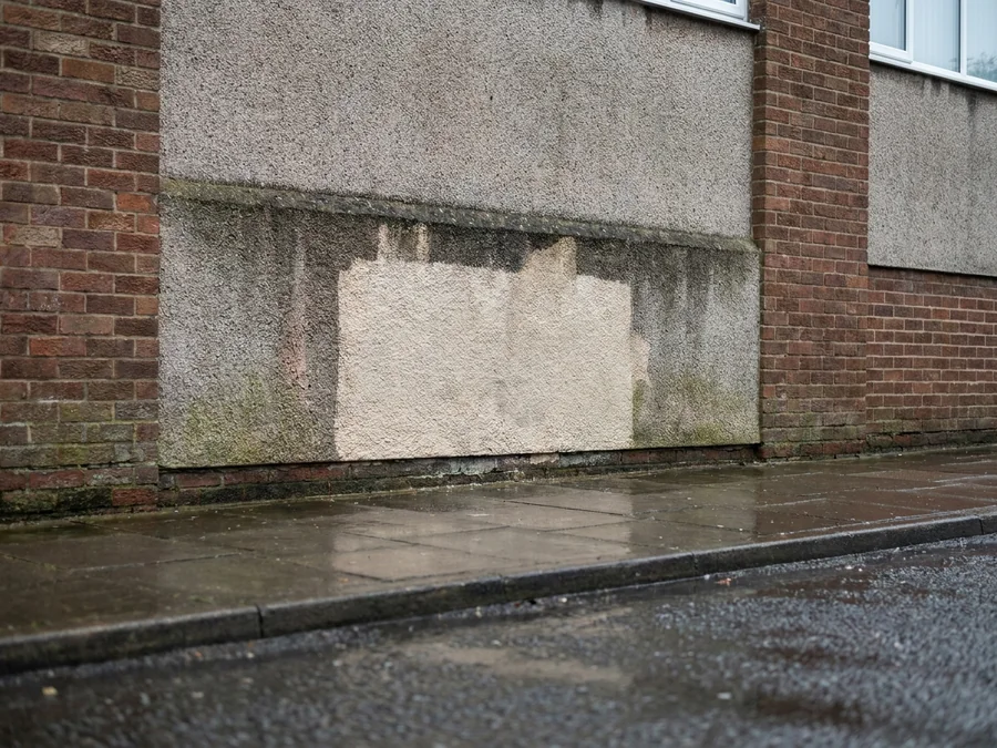 The completed application of a coloured exterior wall coating to a large agricultural grain store.