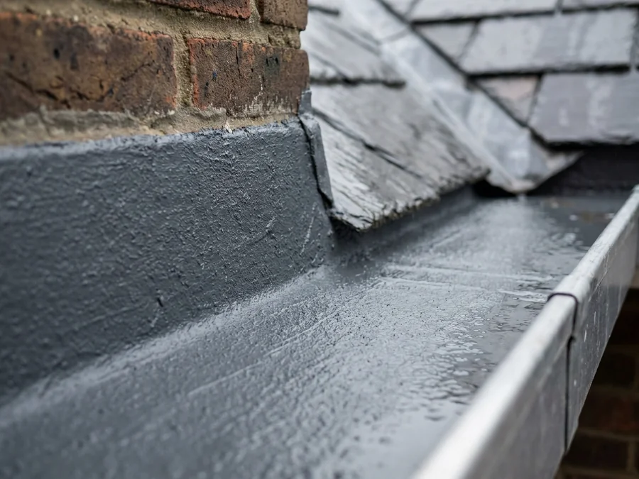 Completed liquid coating application on a commercial property's gutters.