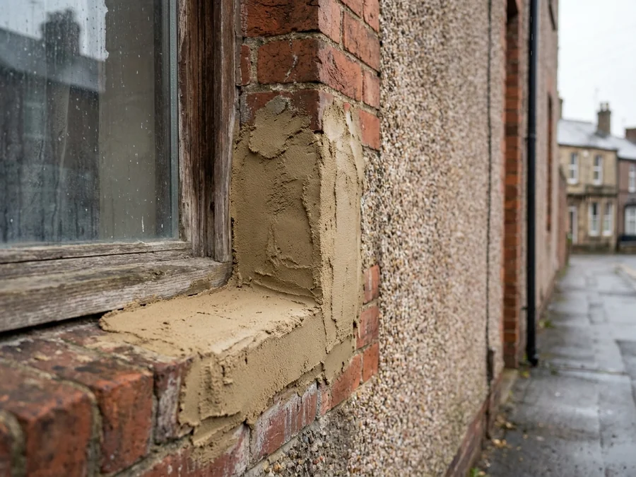 Blown render sections removed from a factory wall, prepared for a professional patch repair.